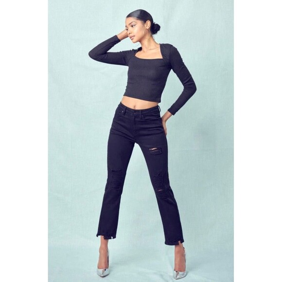 KANCAN High-Rise Distressed Slim Straight Black Denim Jeans, Sz 5/26 - Picture 1 of 9